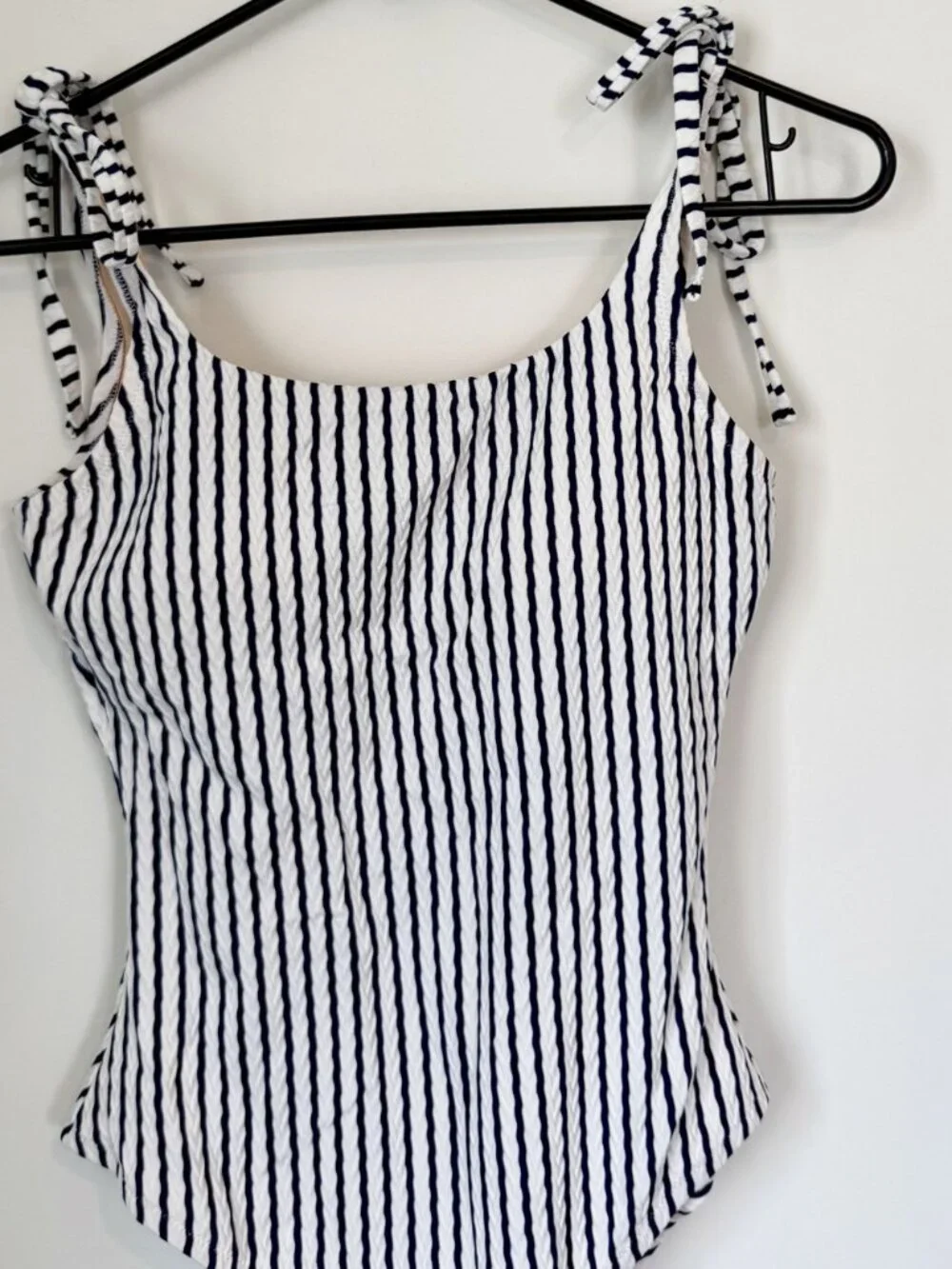 NWT J. Crew Navy/White Striped Ribbed Tie-Shoulder One Piece Swimsuit Small